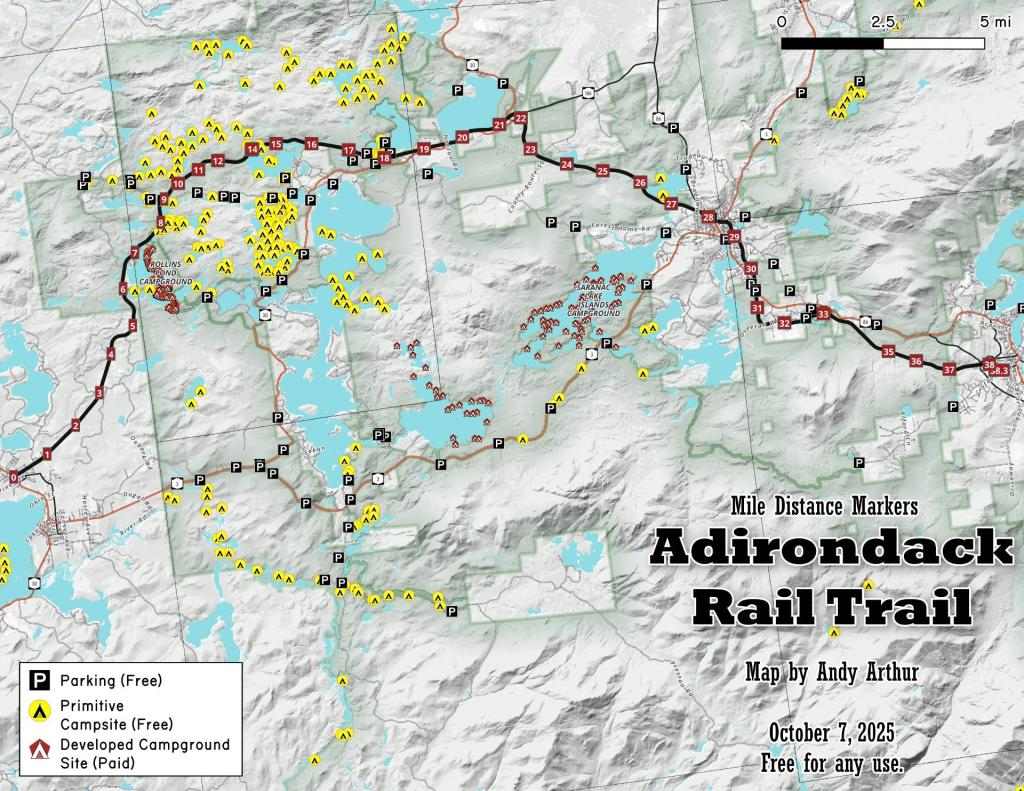 Adirondack Rail Trail with Distance Markers from Tupper Lake