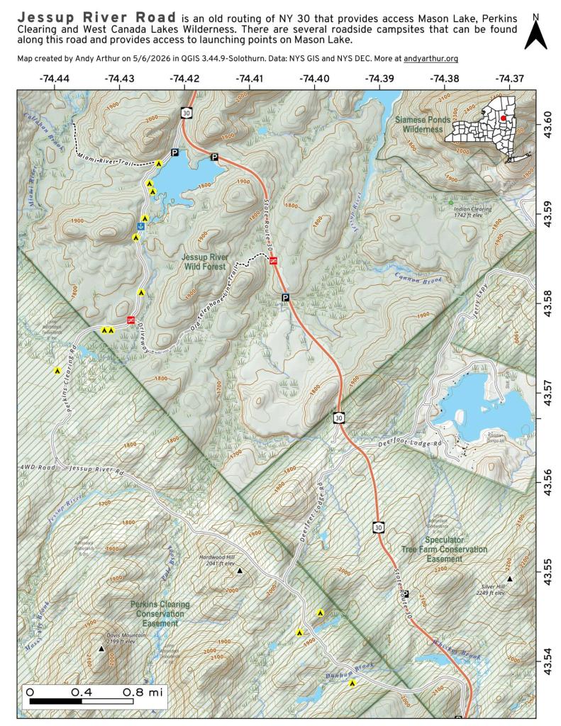 Map: Jessup River Road - Perkins Clearing - Campsites and Mason Lake Access Map: Jessup River Road - Perkins Clearing - Campsites and Mason Lake Access