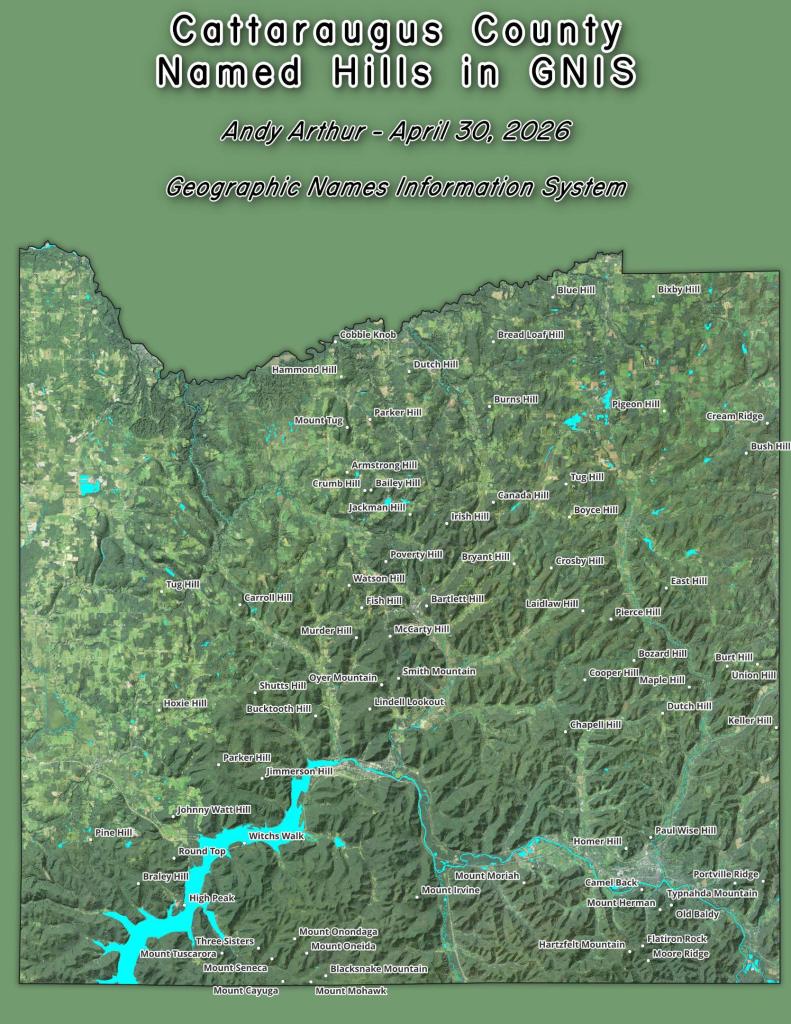 Thematic Map: Cattaraugus County - Named Hills in GNIS