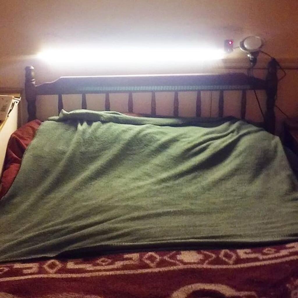 Photo: Smart Bluetooth lamp I built over my bed. My phone turns it on and off, dims it.